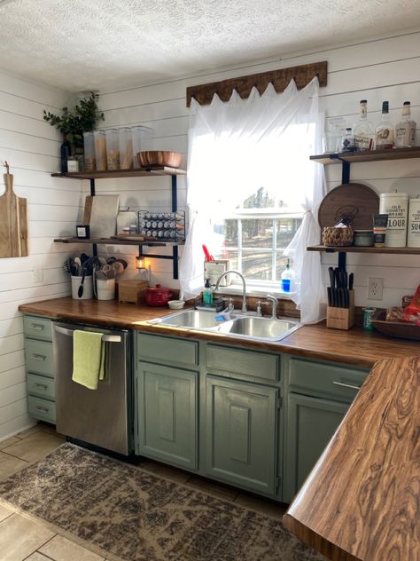 Small Dark Green Kitchen Ideas, Sage Green Tiny Kitchen, Old Green Kitchen Cabinets, Lake House Painted Kitchen Cabinets, Kitchen Cabinets Western, Rich Green Cabinets, Light Green Home Aesthetic, Green Kitchen Cabinets Open Shelving, Green Kitchen Cupboards Sage