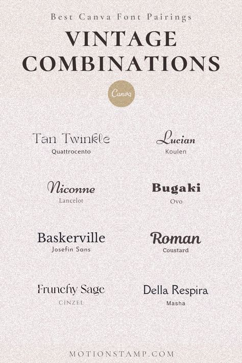 Fonts Design Vintage Fonts Canva, Canva Vintage Font, Canva Fonts Combinations, Vintage Canva Fonts, Canva Font Combinations, Google Font Pairings, Book Rebinding, Canva Font, Business Fonts