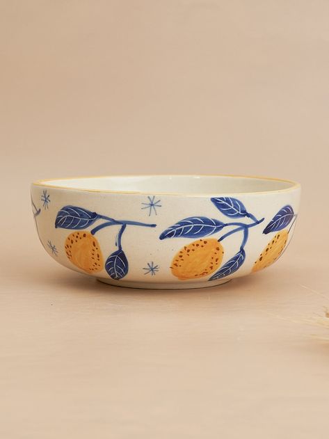 Lemon Leafy Ceramic Bowl Dinner Bowl Ceramic, Ceramic Bowl Inspiration, Paint Your Own Pottery Bowl, Crockery Painting, Ceramic Pottery Design, Bowl Ceramic Design, Ceramic Bowl Painting, Pottery Bowl Painting Ideas, Bowl Painting Ideas