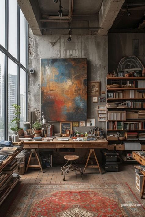 Industrial Art Studio, Bohemian Office Space, Art Studio Space, Art Studio Room, Artist Loft, Art Studio Design, Artistic Furniture, Artistic Space, Art Studio At Home