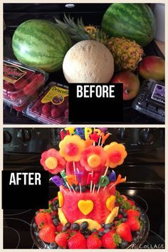 Cake made out of fruit! Cakes Made Of Fruit Birthday, Fruit Arrangements Birthday, Cake Made Out Of Fruit Diy, Cakes Made Of Fruit, Cake Out Of Fruit, Diy Fruit Cake, Fresh Fruit Birthday Cake, Cakes Made Out Of Fruit, Fruit Bday Cake