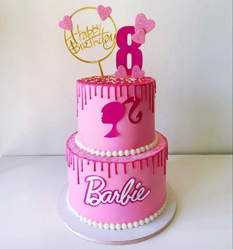 Barbie Cake Barbie Birthday Cake 2 Tier, Birthday Cake Barbie Theme, Barbie Two Tier Cake, Barbie Theme Cakes, Barbie Party 5th Birthday, Barbie Theme Cake Ideas, Barbie Themed Birthday Party For Kids, 2 Tier Barbie Cake, Barbie Cake Birthday Kids