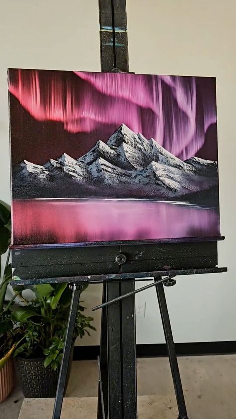 Northern Lights Mountains Painting, Landscape Paintings Beginner, Oil Painting For Beginners Step By Step, How To Paint Mountains, Painting Ideas Mountains, Painting Ideas Scenery, Pink Landscape Painting, Landscape Art Acrylic, Mountain Range Painting