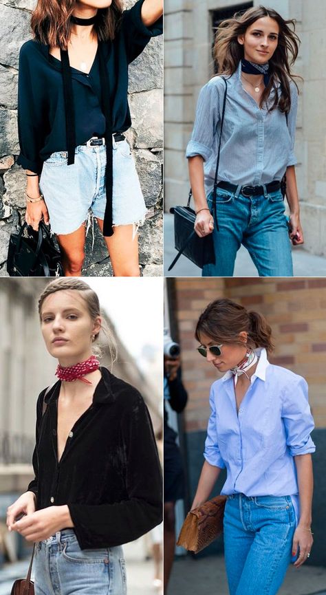 Here's The Skinny On Neck Scarfs Twilly Scarf Neck Outfit, Emily In Paris Neck Scarf, Silk Scarf With Collared Shirt, Neck Scarf Summer Outfit, Small Neck Scarf Outfit, Neck Covering Outfits, Scarf In Neck Outfit, Neck Handkerchief Outfit, Handkerchief Scarf Outfit