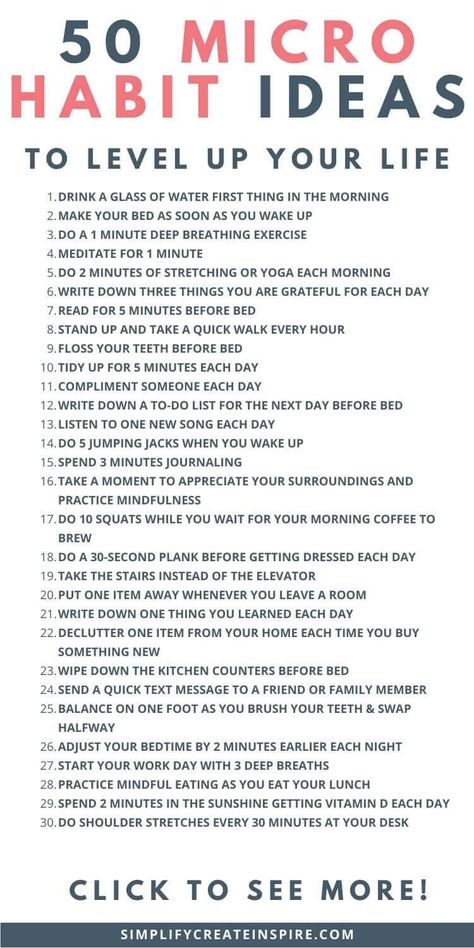 Do you ever feel like the changes you want to make in your life are just too big and overwhelming to tackle? The truth is that big changes often require small steps. This is where micro habits come in. By starting with small, but consistent changes, you can build up momentum and make meaningful improvements over time. What micro habits are, and how they can change your life, the power of habit stacking, plus get inspired with a list of 50 micro habit ideas to try for yourself. Building A Habit, List Of Good Habits, How To Change A Habit, Habits That Change Your Life, Life Is Like, Mini Habits Ideas, Trying New Things Ideas, Life Improvement Tips, How Change Your Life