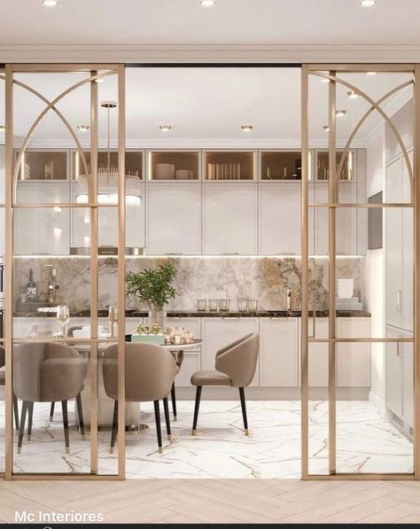 Transitional Decor Living Room, Transitional Decor Kitchen, Dinning Room Design, Appartement Design, Living Room Partition Design, Door Design Interior, Room Partition Designs, Neutral Interiors, Partition Design