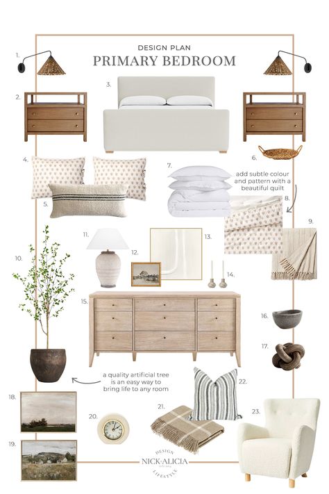 Modern Classic Primary Bedroom, Mixing And Matching Bedroom Furniture, Primary Bedroom King Bed, Curated Bedroom Furniture, Master Bedrooms Organic Modern, Bedroom Furniture Combination, Light Wood Bedroom Set, Primary Bedroom Furniture Ideas, Primary Bedroom Art