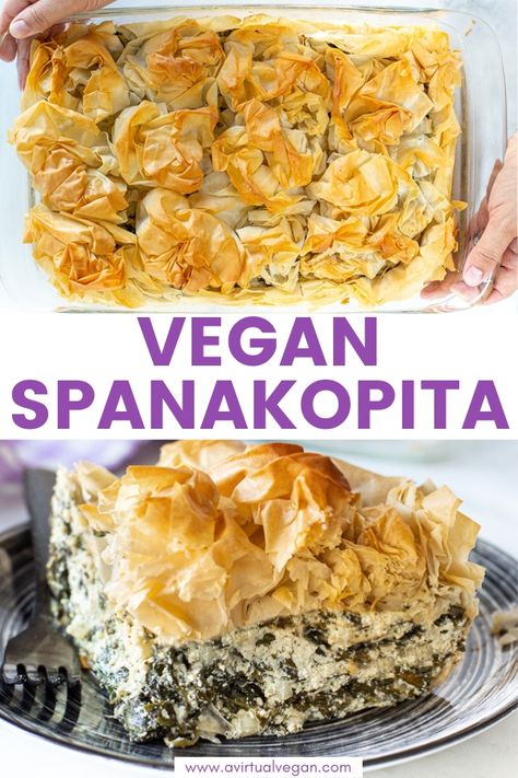 Vegan Spanakopita Recipe, Vegan Spanokita, Vegan Spinach Pie Recipe, Vegan Vegetable Pie, Vegan Pie Recipes Savory, Greek Food Vegan, Vegan Spinach Pie, Vegan Dinner Sides, Savory Pie Recipes Vegetarian