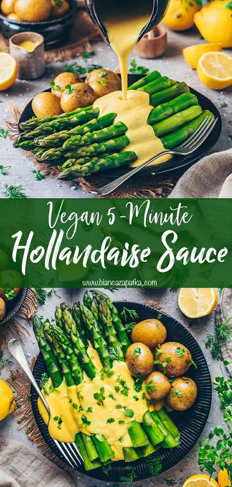 Vegan Asparagus Recipes, Vegan Hollandaise, Vegan Hollandaise Sauce, Egg Breakfast Recipes Easy, Hollandaise Recipe, Dinner Spring, Easy Hollandaise Sauce, Homemade Breakfast Recipes, Vegan Sauce Recipes