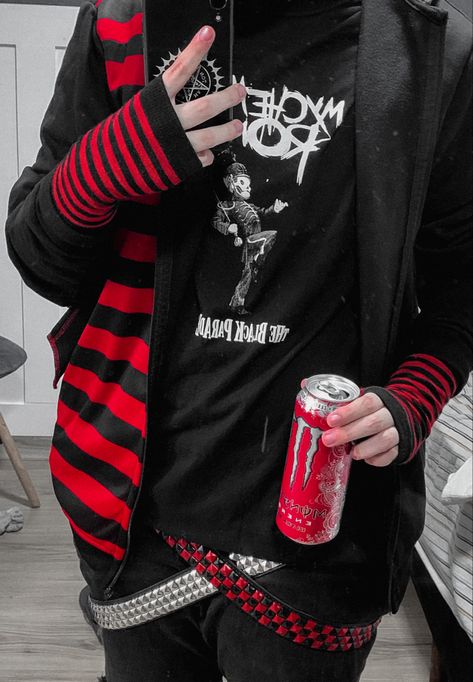 Red Emo Outfits 2000s, Emo Outfit Ideas Men, Emo Tie Outfit, Red And Black Alt Outfits, Red Scene Outfits, Scenmo Outfits, Scenemo Outfits Masc, Masculine Scene Outfits, Red Emo Outfits