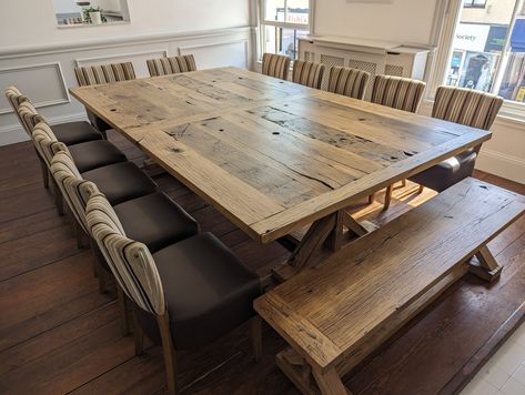 A huge thanks to Paul @provenance.foodhall for commissioning Banyan Tree Studio to design & create this beautiful reclaimed oak dining table and bench. Provence French Farmhouse Dining Table (14-16-Seater) & Bench An outstanding antique dining table & matching bench crafted from solid reclaimed oak. This large farmhouse table would be perfect for a large open plan kitchen diner or function room. Hand-crafted dining table made from reclaimed boards steeped in history and full of character... Farm House Dinning Table, Large Farmhouse Table, Antique Dining Table, French Farmhouse Dining Table, Large Open Plan Kitchens, Open Plan Kitchen Diner, Large Farmhouse, Farmhouse Kitchen Tables, Antique Dining Tables