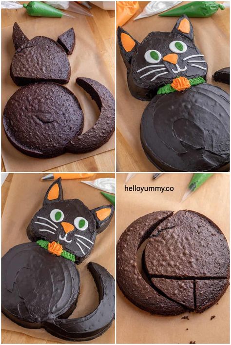 Black Cat Cake Halloween, Candy Pour Cake, Vintage Fall Desserts, Birthday Cake With Cat Theme, Black Cat Cupcakes Halloween, Cupcake Cat Cake, October Bday Cake, Black Cat Cake Ideas, Easy Halloween Cake Decorating Ideas