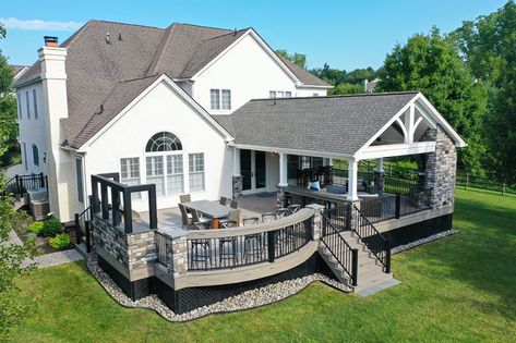 Barnwood Porch / Driftwood TimberTech Deck - Phoenixville, PA | 1165 Sq Ft | Keystone Custom Decks Timbertech Deck, Deck Addition, Stone Porches, Deck Remodel, Deck And Patio, Covered Patio Design, Dream Deck, Patio Deck Designs, Outdoor Patio Designs