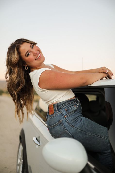 Car poses, girl poses, senior pictures, boise foothills How To Pose With A Truck, Senior Session With Car, Cute Car Poses, Senior Pics With Old Cars, First Car Photoshoot, Senior Car Photoshoot, Senior Car Picture Ideas, Cute Senior Outfits, How To Pose With Car