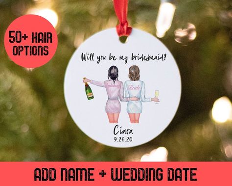 A bridesmaid proposal ornament that can be personalized as gifts for everyone in your bridal party! We offer 3 robe colors, more than 20 hairstyles, and additional ways to customize the Christmas ornaments. This ensures that each one is a completely unique bridesmaid favor.   #bridesmaid #maidofhonor #ornament #gifts #proposal #christmas #custom Christmas Bridal Proposal, Bridesmaid Proposal Winter Wedding, Christmas Themed Bridesmaid Proposal, Ornament Bridesmaid Proposal, Bridesmaid Ornament, Friends (tv Series), Wedding Winter, Unique Bridesmaid, Bridesmaid Favors