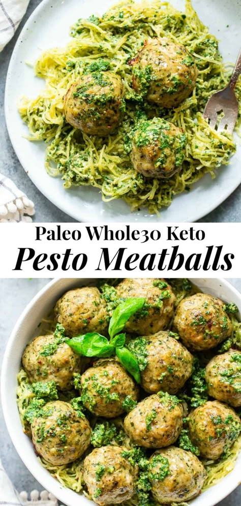 These pesto chicken meatballs are loaded with flavor, easy to make and packed with protein and healthy fats.  A great weeknight meal served over spaghetti squash or zucchini noodles, they’re Paleo, Whole30 compliant and keto friendly too! #Paleo #whole30 #keto #lowcarb #pesto Paleo Pesto Recipe, Scallop Spaghetti, Keto Pesto, Pesto Meatballs, Meatballs Chicken, Paleo Pesto, Meatballs Baked, Baked Broccoli, Baked Pesto Chicken