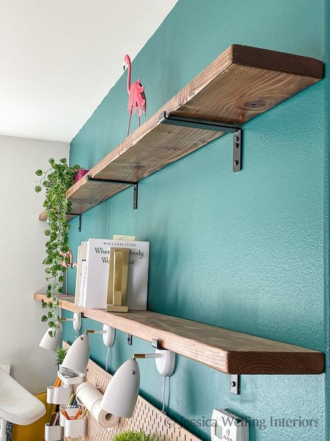 2x4 Floating Shelves Diy, How To Make Floating Book Shelves, Diy Living Room Shelving, Diy Wall Shelves Easy Cheap Kitchen, Diy Thick Shelves, Building Wall Shelves, Diy Floating Kitchen Shelves Wood, Diy Simple Shelves, Diy Wood Hanging Shelves