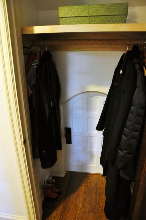 These parents made their kids a little hideaway room in the back of the coat closet! It's super cute, and even has 'snack doors' in the wall. I love it.  -- A Secret Kids Room Through the Closet -- Apartment Therapy Closet With Secret Door, Bedroom With Secret Room, Secret Nooks In Houses, Narnia Closet Secret Rooms, Secret Door Closet, Secret Door In Closet, Small Secret Room, Secret Closet Door, Secret Playroom