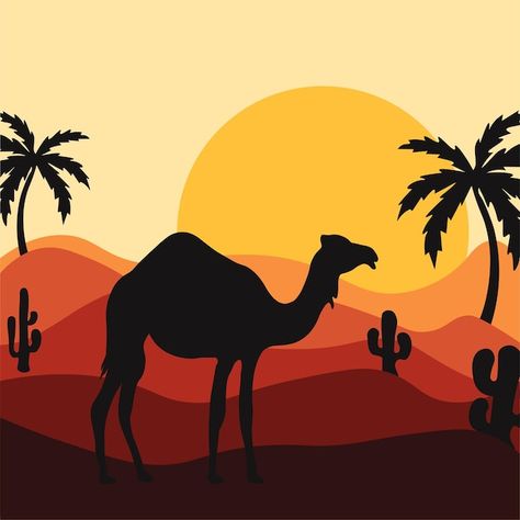 Desert Painting Ideas, Camel Drawing Easy, Camel In Desert, Safari Painting, Camel Drawing, Camel Illustration, Camel Silhouette, Camel Craft, Desert Project