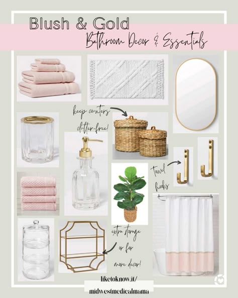 Pink White And Gold Bathroom Ideas, Gold And Pink Bathroom Ideas, Blush Color Bathroom Ideas, Blush Master Bath, Feminine Bathroom Ideas Modern, Blush Pink And Cream Bathroom, Blush Bathroom Decor Ideas, Bathroom Ideas Pink And Gold, Blush And Gold Bathroom Decor