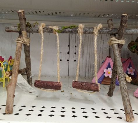 Fairy swing at Michaels Moss Diy, Kids Fairy Garden, Miniature Garden Decor, Fairy Garden Pots, Fairy House Crafts, Fairy Tree Houses, Fairy Garden Furniture, Fairy House Diy, Fairy Garden Crafts