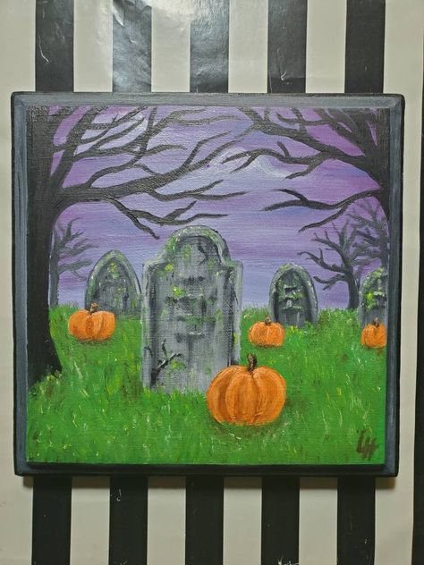 6.5x6.5 inch oil painting on wooden plaque. Hardware attached and ready to hang! Sides are grey and black I usually paint this type of thing with watercolors but I wanted to make a little scene in oils. Message me with any questions or custom requests  Thanks for looking 🖤 Tombstone Painting, Mummy Painting, Horror Painting Ideas, Halloween Paintings Easy, Simple Halloween Paintings On Canvas, Spooky Painting Ideas, Graveyard Art, Halloween Cemetery, Halloween Watercolor