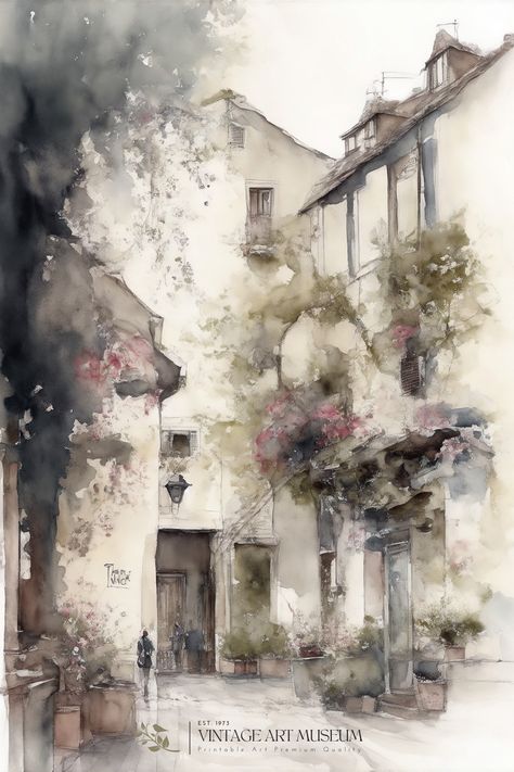 Elevate your decor with our Antique Watercolor Painting – a timeless piece that adds rustic charm to any room. Download it now and bring the allure of a French courtyard to your space. Capture the beauty of a French courtyard in your own space with our Antique Watercolor Painting. 🇫🇷✨ #VintageDecor #RusticCharm Classical Art Watercolor, French Art Paintings Vintage, Dreamy Watercolor, French Country Watercolor Paintings, Vintage Watercolor Paintings, Old French Paintings, French Countryside Painting, French Chateau Watercolor, French Country Art