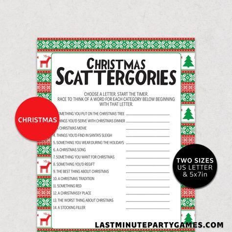 Christmas Scattergories Game Christmas Sweater Theme Holiday | Etsy Christmas Scattergories, Christmas Song Games, Christmas Party Games For Adults, Scattergories Game, Christmas Party Hats, Xmas Games, Christmas Scavenger Hunt, Adult Christmas Party, Scavenger Hunt Games