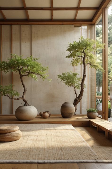 Japandi Foyer Entrance, Japandi Plants Decor, Zen Living Room Ideas Japanese, Indoor Trees Architecture, Wabi Sabi Balcony, Japanese Inspired Interior Design, Japanese Zen Living Room, Japanese Style Living Room Ideas, Bamboo Design Ideas