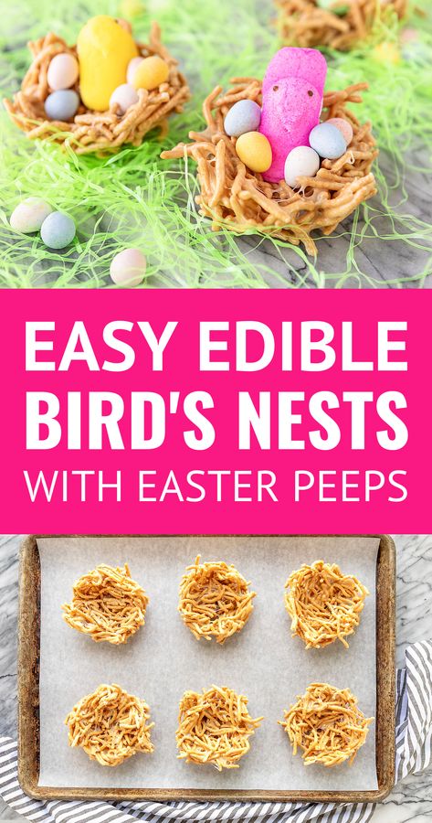 Easy Edible Bird's Nests with Peeps For Easter -- This edible bird's nest recipe with Peeps chicks is a fun and tasty Easter DIY craft for kids! Learn how to make edible bird's nests with just 4 ingredients (chow mein noodles, marshmallows, butter + vanilla) for the haystack nests + your favorite Easter candy to fill them... #easter #eastercrafts #eastercraftsforkids #easterrecipes #easterdessert Easter Birds Nest Treats, Birds Nests Recipe, Edible Bird's Nest, Easter Birds Nest, Birds Nest Cookies, Easter Egg Sugar Cookies, Peeps Crafts, Diy Craft For Kids, Easter Deserts