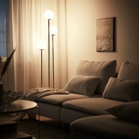 SIMRISHAMN Floor lamp with LED bulb, chrome plated, opal glass - IKEA Chrome Lamp, Floor Lamps Living Room, Ikea Home, Smart Light Bulbs, White Chandelier, Ikea Family, Led Light Bulbs, Smart Lighting, Kit Homes