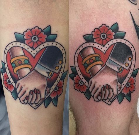 Traditional Holding Hands Tattoo, Traditional Sibling Tattoos, American Traditional Marriage Tattoo, True Love Traditional Tattoo, Old School Matching Tattoos, Old School Couple Tattoo, Couple Traditional Tattoo, Traditional Lovers Tattoo, American Traditional Wedding