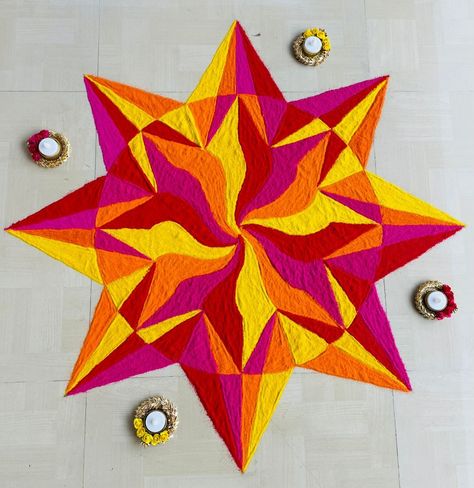 Colourful geometrical circle rangoli with some freehand design, with warm colours pink, orange, yellow and red. Diwali 3d Rangoli, New 3d Rangoli Designs Creativity, 3d Rangoli Designs Creativity, Geometric Rangoli Designs, Unique Rangoli Designs For Competition, 3d Rangoli Designs, Big Rangoli Designs Creativity, Pattern Rangoli, 3d Kolam