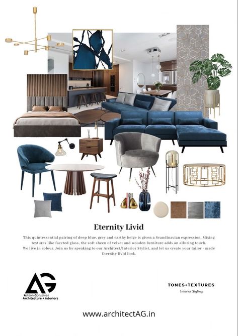 Blue Moodboard Interior, Mood Board Blue Interior Design, Interior Design Moodboard Presentation, Colorful Contemporary Interior Design, Blue Interior Moodboard, Contemporary Mood Board Interior Design, Contempory Interior Design, Interior Mood Board Ideas, Contemporary Moodboard