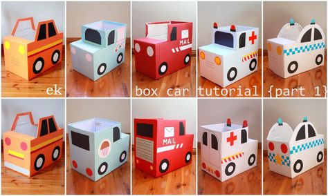 Box Car Tutorial {Part 1 – simple car} | emilia keriene Cardboard Box Car, Cardboard Car, Cardboard Box Crafts, Cardboard Toys, Homemade Toys, Kraf Diy, Cardboard Furniture, Diy Cardboard, Cars Birthday