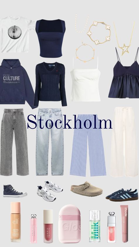 #outfitinspo #stockholmstyle #navyblue #grapictee #cute #vibes 💙🧿🤍🏙️ Stoklohom Style, Stalkhomr Style, Stolkhome Girl, Stolkhome Aesthetic, Stolkhome Girl Outfits, Stolkhome Outfits, Stolkhome Girl Aesthetic, Stockholm Syndrome, Bag Essentials