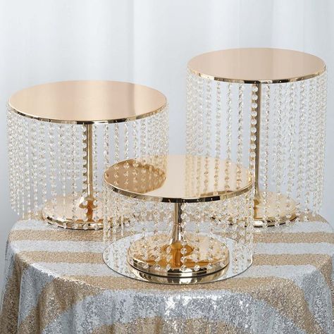 12" Metallic Gold Cake Stand, Cupcake Dessert Pedestal With 42 Acrylic Crystal Chains | Chandelier cake stand, Silver cake stand, Gold cake stand Unique Cake Stands, Cake Riser, Chandelier Cake Stand, Wedding Cake Table Decorations, Silver Cake Stand, Metallic Wedding Cakes, Chandelier Cake, Crystal Cake Stand, Gold Cake Stand