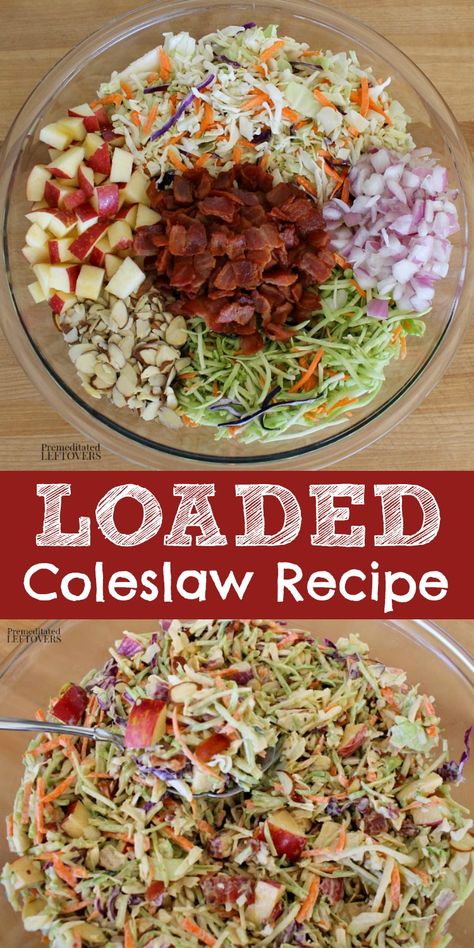 This loaded coleslaw recipe has two types of slaw: traditional cabbage slaw and broccoli slaw. It also has bacon, apple, onion, and almond slivers. This #coleslaw with #bacon is perfect for your next #barbecue or #partyrecipes Corn Cabbage Slaw, Cabbage And Broccoli Salad, Delicious Coleslaw Recipes, Kevin Bacon Asian Slaw, Coleslaw Meal Ideas, What To Do With A Bag Of Coleslaw, Shredded Coleslaw Mix Recipes, Coleslaw Soup Recipe, How To Shred Cabbage For Coleslaw