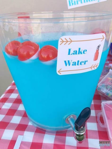 Camping Party Food, Camping Themed Party Food, Themed Party Food Ideas, Camping Party Foods, Camping Themed Birthday Party, Fishing Theme Party, Lake Birthday, Fishing Themed Birthday Party, Camping Theme Birthday Party