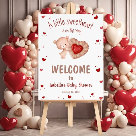 A little sweetheart is on the way! Bring the most adorable feeling to your baby shower with this darling baby bear themed welcome sign foam board in red, white and beige. Featuring an adorable baby bear holding a sweet heart shaped cookie, little hearts around. Just perfect for your February gender neutral or boy baby shower around the Valentines day. Easily personalize the text. - Kate Eden Art Red Gender Reveal Party, Boy Valentine Baby Shower Ideas, Valentine's Day Baby Shower Theme, Little Love Baby Shower Theme, Valentines Theme Baby Shower Ideas Boy, Valentines Boy Baby Shower Ideas, Baby Shower In February Ideas, Feb Baby Shower Themes, Baby Shower Ideas For February