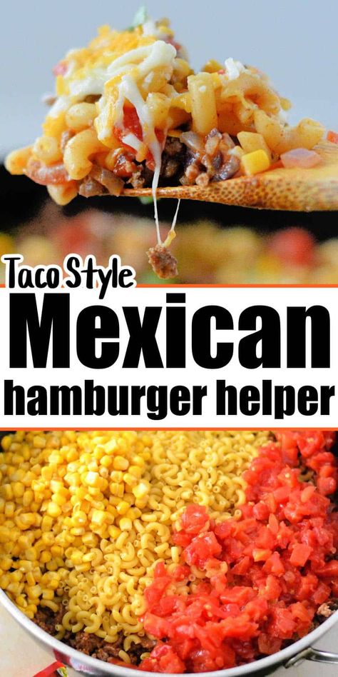 Homemade taco hamburger helper in skillet is here. Add cheese for a taco cheeseburger helper recipe made on the stove. Quick one pot meal. Taco Cheeseburger, Taco Hamburger Helper, Cheeseburger Helper, Mexican Hamburger, Hamburger Helper Beef Stroganoff, Taco Hamburger, Hamburger Hotdish, Hamburger Mac And Cheese, Hamburger Helper Recipe