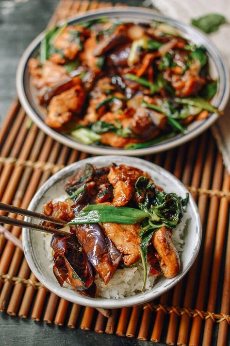 Inspiration for backpacking meal: Thai Eggplant Stir-fry with Chicken & Basil, by thewoksoflife.com. Chicken Eggplant Stirfry, Chicken Thai Basil, Chinese Aubergine, Eggplant Stir Fry, Chicken Basil, Chicken Eggplant, Japanese Eggplant, Thai Eggplant, Chicken Thai