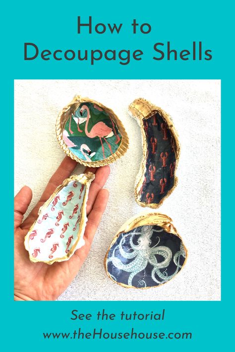 How To Decoupage Sea Shells, How To Decoupage Scallop Shells, Mod Podge Sea Shells, Clam Shell Decoupage, Things To Make With Oyster Shells, She’ll Decoupage, Shell Decoupage Diy, How To Paint Shells Seashells, Decoupage Scallop Shells