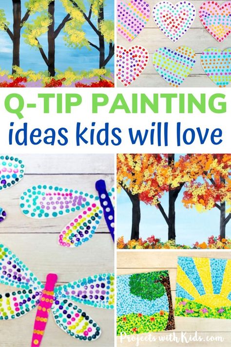 Q-tip painting is always a favorite painting activity for kids and these q-tip painting ideas will have kids being creative and having fun! Kids can use a single q-tip to dot on a design, bundle q-tips together to create leaves, bushes, and flowers, or use q-tips to create a pointillism painting. Q Tip Art Dot Painting, A Tip Painting, Q Tips Painting, Paint With Q Tips, Easy Spring Paintings For Kids, Q Tip Painting Preschool, Kindergarten Painting Projects, Qtip Painting Ideas Preschool, Q Tip Flowers Painting