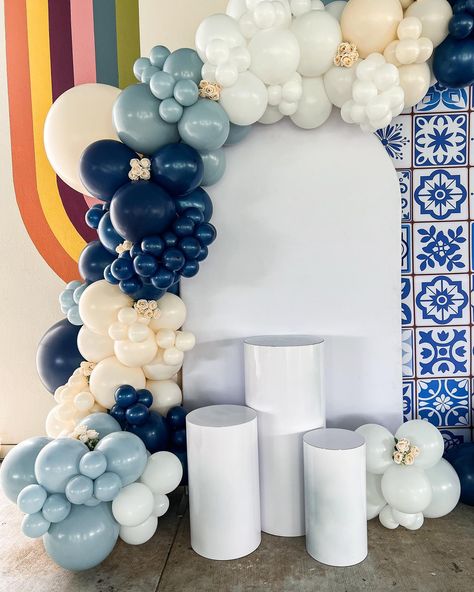 Bautizo: Talavera Edition 🔹 New Backdrop now Available! Check out this Joint Bautizo/1st Birthday setup! We love our new Talavera Backdrop & this color wave! #balloongarland #talavera #balloondecoration #bautizo #firstbirthday #eventplanner #eventstylist #balloonartist Clase Azul Party Theme, Talavera Balloon Garland, Casa Azul Tequila Theme Party, Clase Azul Birthday Theme, Talavera Backdrop, Talavera Birthday Party, Talavera Baby Shower Ideas, Talavera Baptism, Clase Azul Party