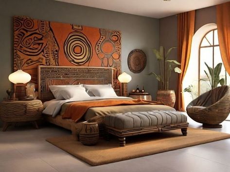 Etnic Style Interior, African Inspired Bedroom, African Style Bedroom, African Style Interior, Afro Boho Decor, African Decor Bedroom, African Bedroom, African Living Rooms, African Room