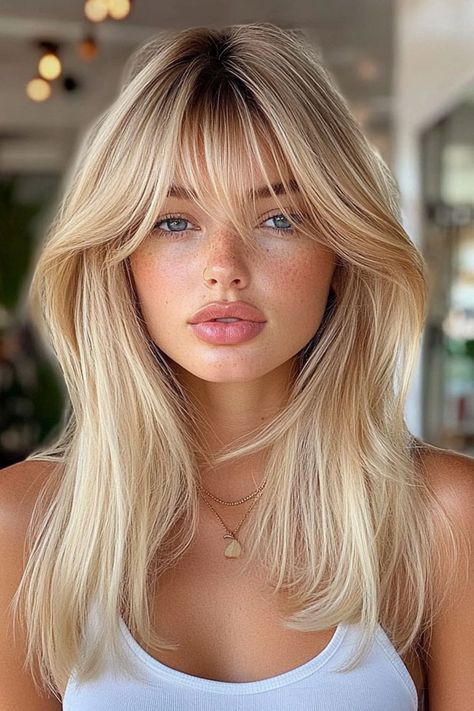 Golden Blonde Shag with Curtain Bangs Blonde Hair Curtain Bangs Short, Bangs Hairstyles Blonde, Layered Hair Wispy Bangs, Blonde With Bangs Medium, Blonde Hair Side Bangs, Bangs For Diamond Face Shape, Whispy Curtains Bangs Medium Hair, Blonde Shag With Curtain Bangs, Short Golden Blonde Hair