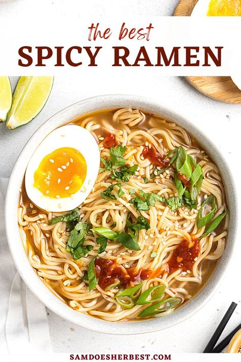 Spicy Ramen Soup, Spicy Ramen Recipe, Ramen Noodle Recipes Soup, Tofu Ramen, Ramen Soup Recipes, Gluten Free Ramen, Chicken Ramen Recipe, Free Noodles, Easy Ramen