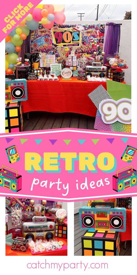 Check out this awesome '90s-themed birthday party! The dessert table is so cool! See more party ideas and share yours at CatchMyParty.com 90s Birthday Party Theme Decoration, 90s Party Ideas Decoration, 1990s Birthday Party Theme, Table Decorations For Birthday, Bday Breakfast, 90s Theme Party Decorations, 90s Party Ideas, 90s Party Decorations, Decades Party