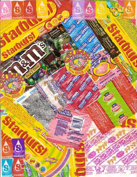 Candy Wrapper Art | Candy Wrapper Collage by Shewolf-Mystica Candy Wrapper Collage, Candy Background Aesthetic, Candy Wrapper Art, Candy Collage, Pop Art Candy, Candy Wallpaper, Sweet Wrappers, Gcse Art Sketchbook, A Level Art Sketchbook